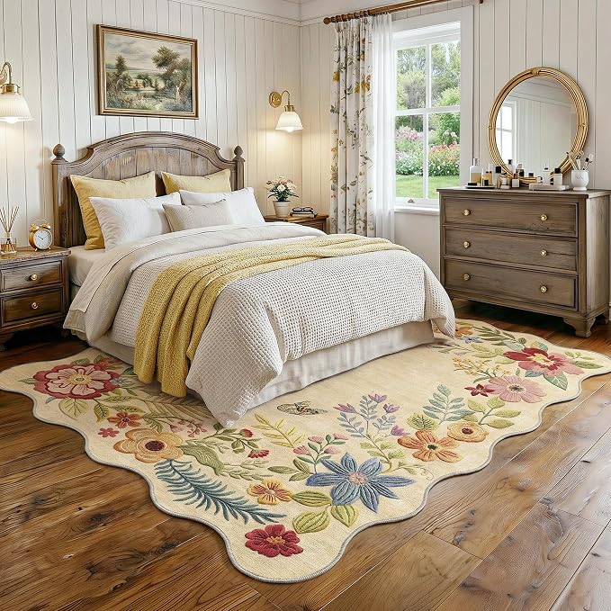 FMFUNCTEX 5x8 Washable Beige Floral Boho Scalloped Area Rug for Living Room | Vintage Flower Colorful Traditional Soft Cream Non Slip Low Pile Large Pattern Indoor Thin Carpet Bedroom Dining Room Nursery