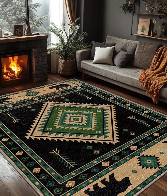 Southwestern Rug 4x6 - Native American Bear Cabin Area Rugs for Bedroom Living Room, Rustic Ethic Machine Washable | Non-Slip | Low Pile Carpets, Aztec Home Decor (Green Tan Black)