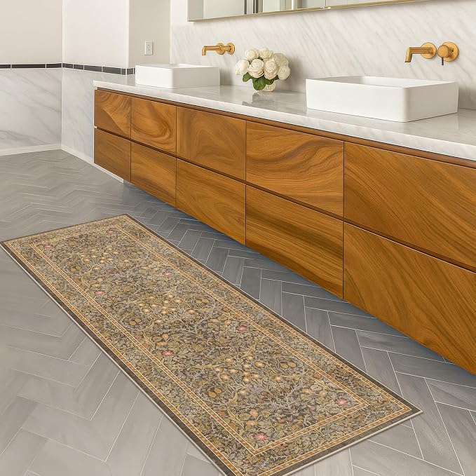 Non Slip 2x5 Gold Brown Bathroom Runner Rug - Small Runner Rugs, Washable Kitchen Floor Mat, Bedroom, Laundry Room, Hallway Runner - Vintage Oriental Décor