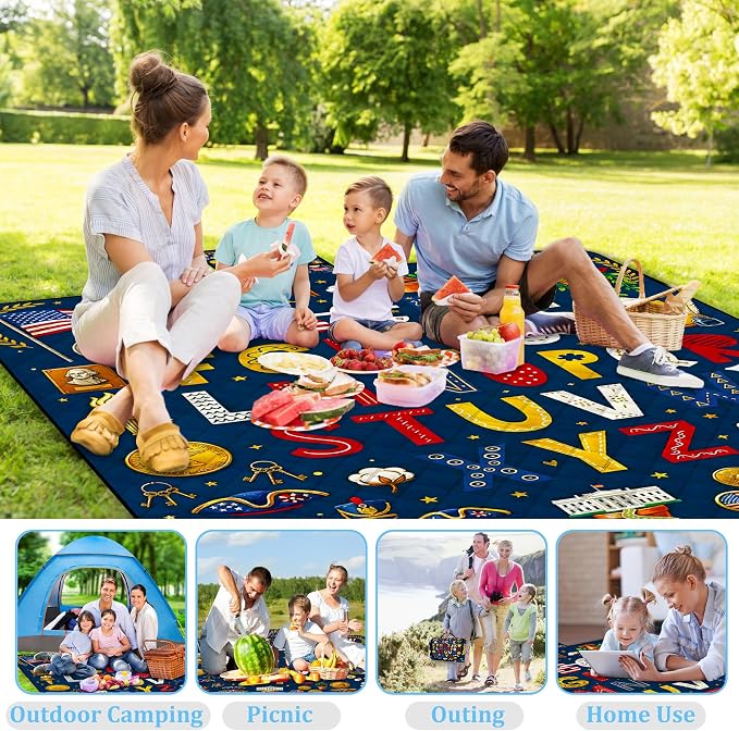 Poedist Extra Large Picnic Blanket Waterproof,80"x 80"Foldable Machine Washable Beach Blanket,Outdoor Blanket for 6-8 Adults,for Indoor Crawling,Park Beach,Camping,Hiking,Family Travel(Flag Letters)