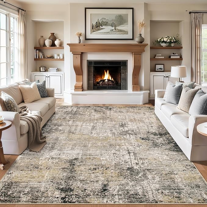 PLHXFR 9x12 Area Rug Living Room: Abstract Washable Carpet Brown Black | For Bedroom Dining Room Farmhouse Nursery Home,Machine washable,Non Slip,Large Soft Neutral,Stain Resistant, Indoor Floor