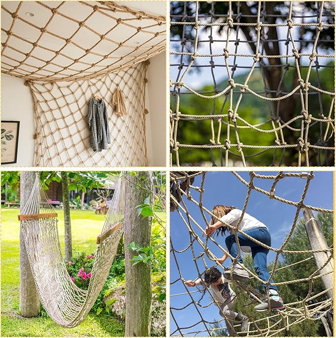 Jute Hemp Rope Net,Heavy Duty Natural Safety Rope Netting Balcony Stairs Fence Garden Playground Protection Net Indoor & Outdoor Decoration Rope Netting (3 FT x 16 FT)