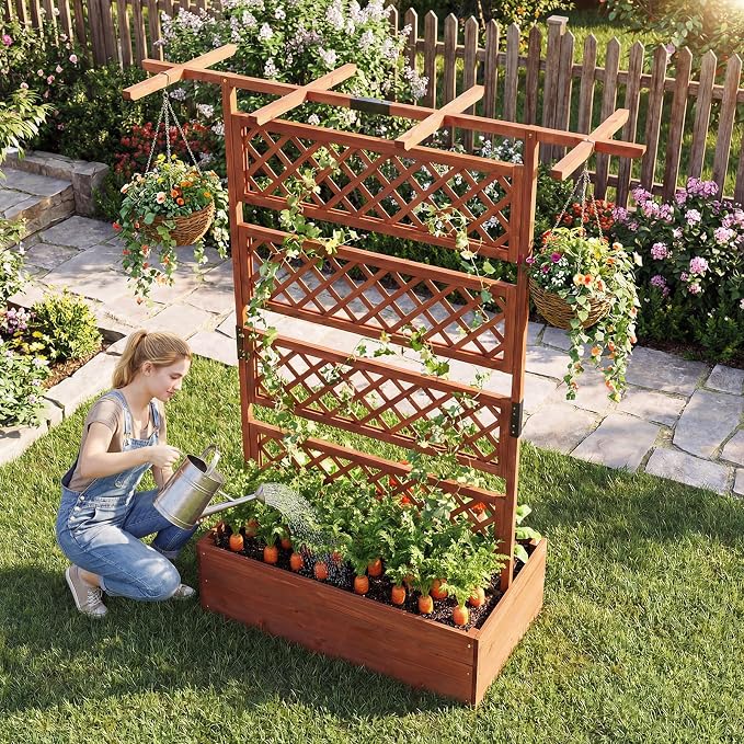 Giantex Raised Garden Bed with Trellis 2 Pack, 72'' Wooden Planter Box Outdoor w/Privacy Screen Roof, Large Vertical Garden Planter w/Drainage Holes for Climbing Plants, Patio Balcony Backyard