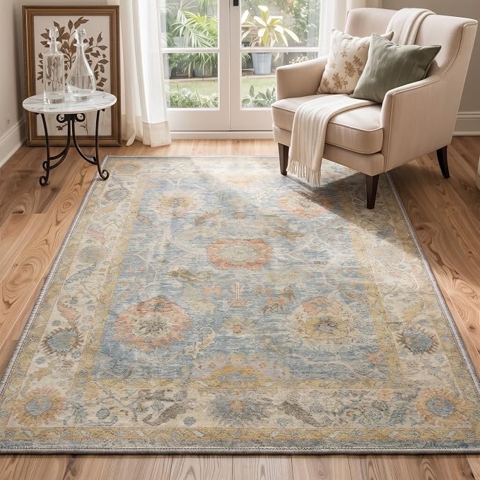 2X5 Washable Hallway Runner Rug, Boho Vintage Floral Non Slip | Dusty Blue Floral Runner, Soft Faux Wool Rug for Corridor Kitchen Entryway, Stain Resistant, Pet-Friendly, Non-Shedding, Thin