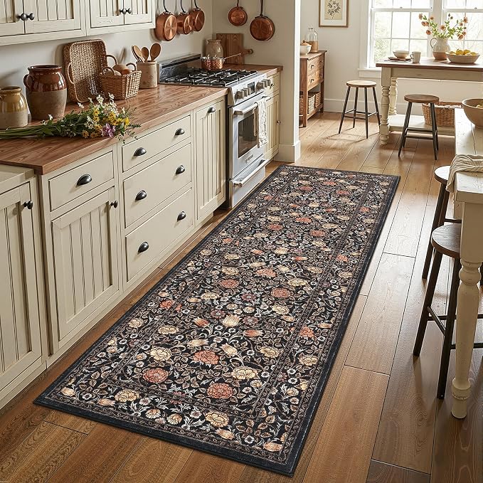GarveeHome Dark Brown Floral 2x6 Kitchen Runner Rug for Hallways | Washable Entryway Bedroom Bathroom Dorm Rug Vintage Boho Rugs Low-Pile Non-Slip Stain Resistant TPE Backing