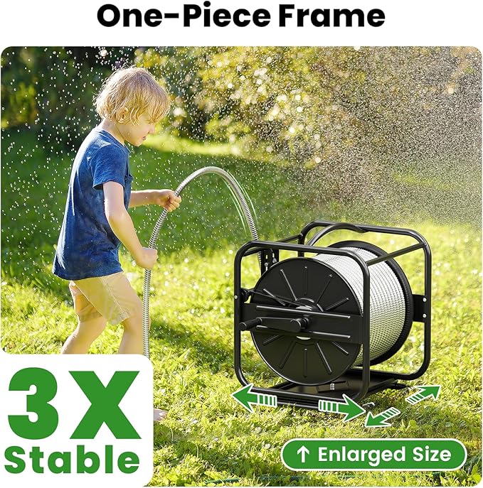SPECILITE Heavy Duty Hose Reel with 100Ft 3/4" 304 Stainless Steel Garden Hoses, Upgraded Guide System, 360 Swivel Base, Wall Mount/Floor Water Pipe Spool for Outside, Yard, Lawn