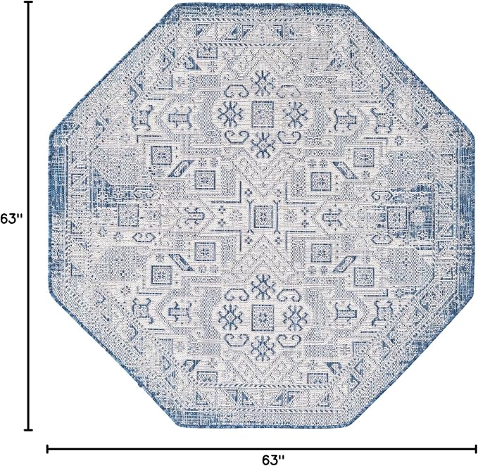 Unique Loom Outdoor Aztec Collection Area Rug - Coba (5' 3" Octagon, Blue/ Ivory)