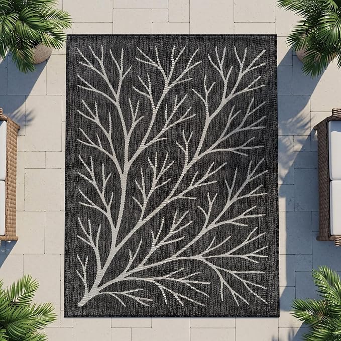 Washable Indoor Outdoor Rug 10x14 Modern Area Rugs Branch Pattern Non Shedding Waterproof Easy Clean Patio Deck Porch Living Room Bedroom Garden RV (10 X 14 Dark Gray)