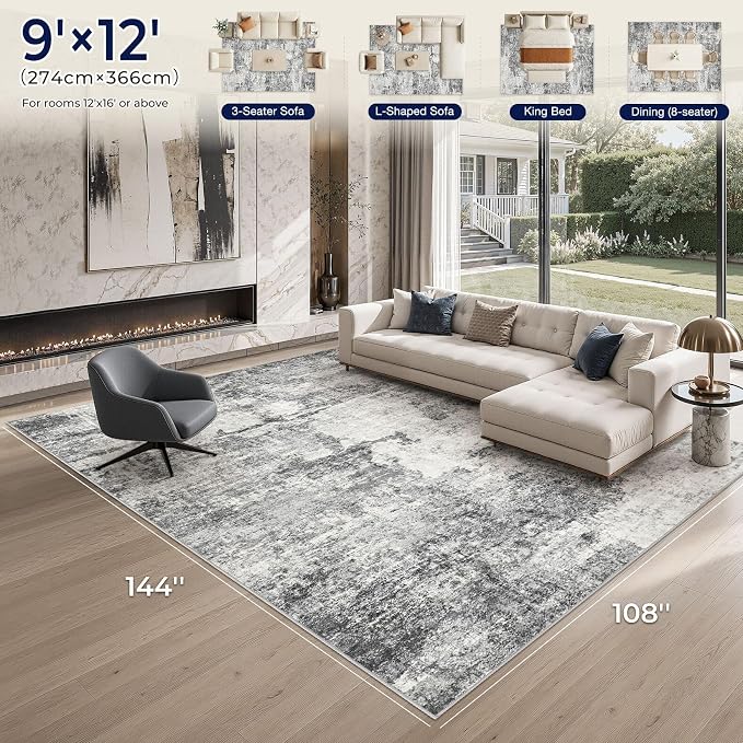 DMOYEST 9x12 Area Rug for Living Room Washable Abstract Indoor Carpet | Neutral Modern Low Pile Rugs Kid & Pet Friendly Large Soft Thin Carpet for Bedroom Dining Room and Office - Grey