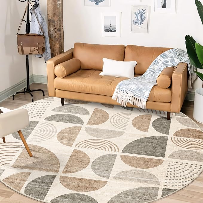 Round Rugs 6ft,Circle Area Rug Washable Non Slip Modern Abstract | Large Circular Rugs for Living Room Dining Room Boho Throw Carpet Soft Low Pile Floor Indoor Bohemian Neutral Beige