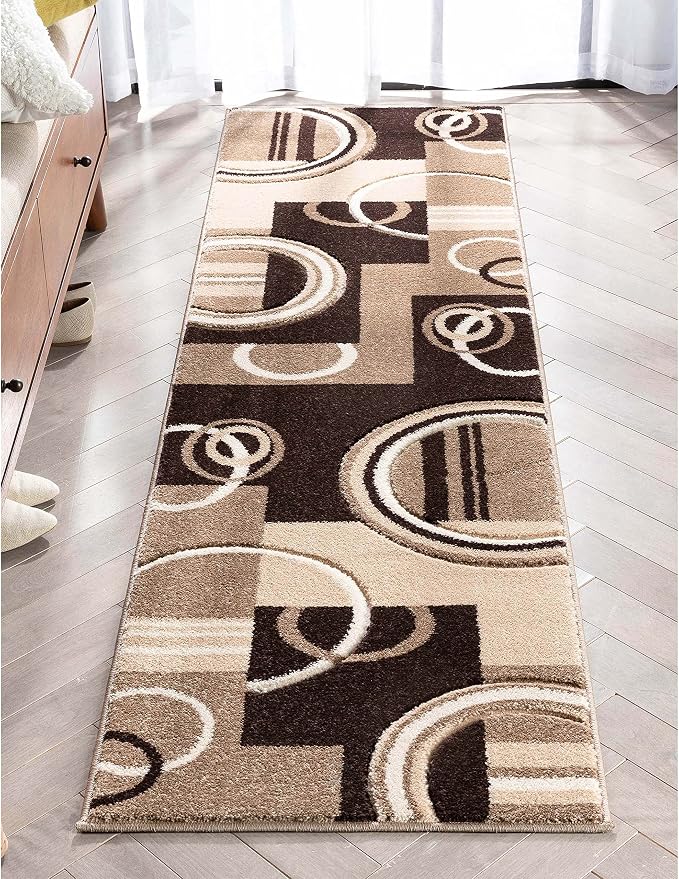 Well Woven Ruby Echo Shapes & Circles Geometric Ivory and Beige 2 by 7 Runner Rug - Beveled Circle Design, Medium Pile Contemporary Carpet, Durable Stain Resistant Hallway Runner, Hand-Carved Texture