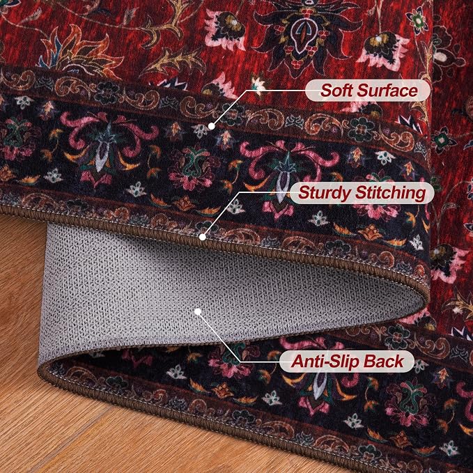 Tangsoo Vintage 3x5 Rugs, Washable Non Slip Accent Rugs for Entryway Red | Farmhouse Print Indoor Carpet, Boho Soft Low Pile Oriental 3x5 Area Rug for Living Room Dorm Bedroom Bedside Bathroom Decor