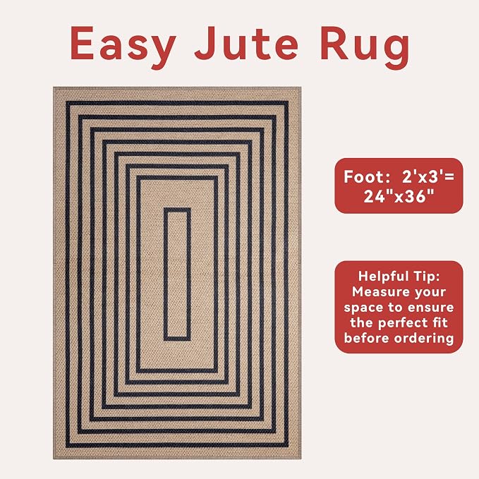 Tangsoo Geometric Easy Jute Rug 2x3 Washable Rug,Small Area Rug for Entryway,Non-Slip Black Thin Indoor Outdoor Door Mat Modern Farmhouse Carpet for Entrance Kitchen Bedroom Front Porch