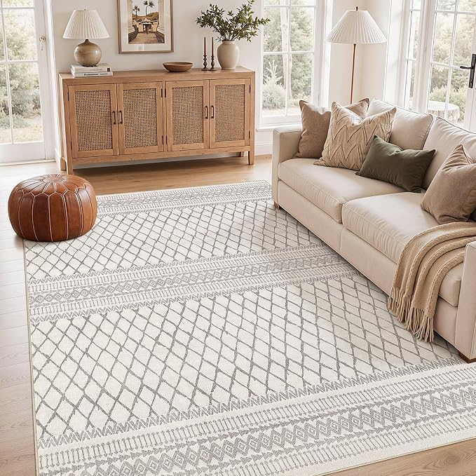cotiled Boho 5x8 Area Rugs for Living Room: Soft Moroccan Washable Rug | Solve Modern Neutral Trendy Home Decor - Stain Resistan Indoor Carpet for Bedroom Dining Room Beige Gray