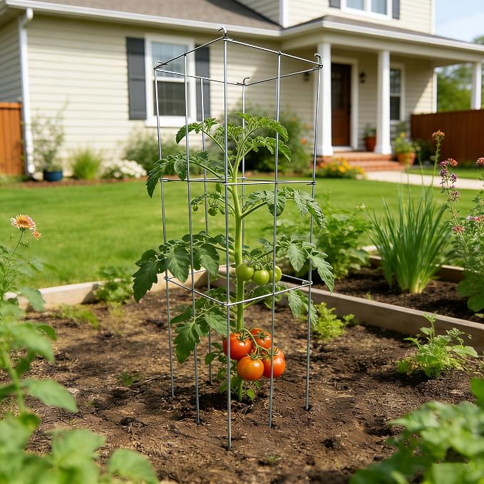 4 Pack 12x39 Inch Galvanized Folding Square Tomato Cages | Tall Plant Support, Tomato Trellis, Metal Plant Peony Cage Peony Support
