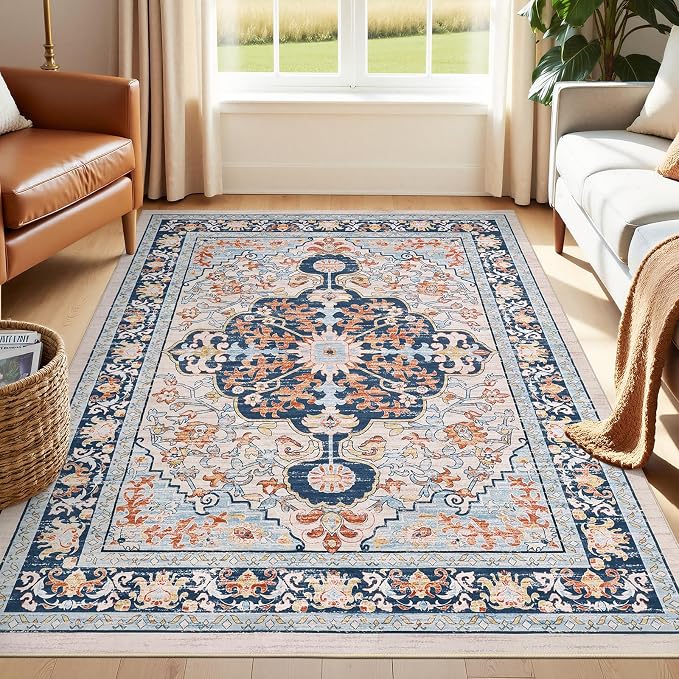 U'Artlines Boho Vintage Area Rug 5x7 Machine Washable Carpet, Orange Blue | Low Pile, Non Slip, Ultra-Thin Soft Floor Carpet, Accent Rug for Living Room Bedroom Entryway Dining Room Office