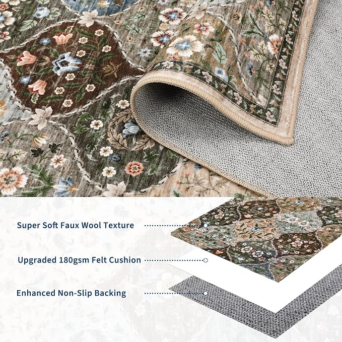 ROYHOME 8x10 Area Rug Trellis Floral Machine Washable Rug for Living Room | Stain Resistant Non-Slip Accent Rug Carpet Farmhouse Vintage Distressed Floor Cover for Home Decor, Taupe/Brown
