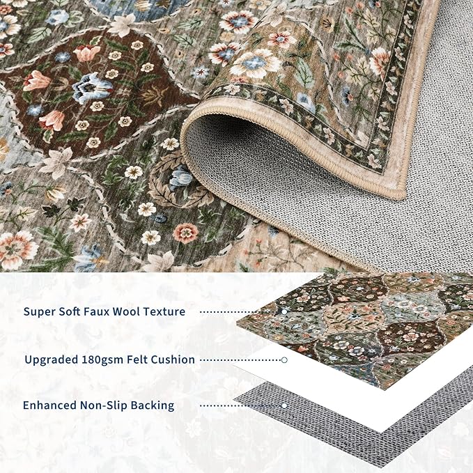 ROYHOME Area Rug - 5x7 Trellis Floral Non-Slip Machine Washable Rug | Vintage Distressed Floral Carpet Stain Resistant Accent Rug Farmhouse Floor Cover for Dining Bedroom Decor, Taupe/Brown