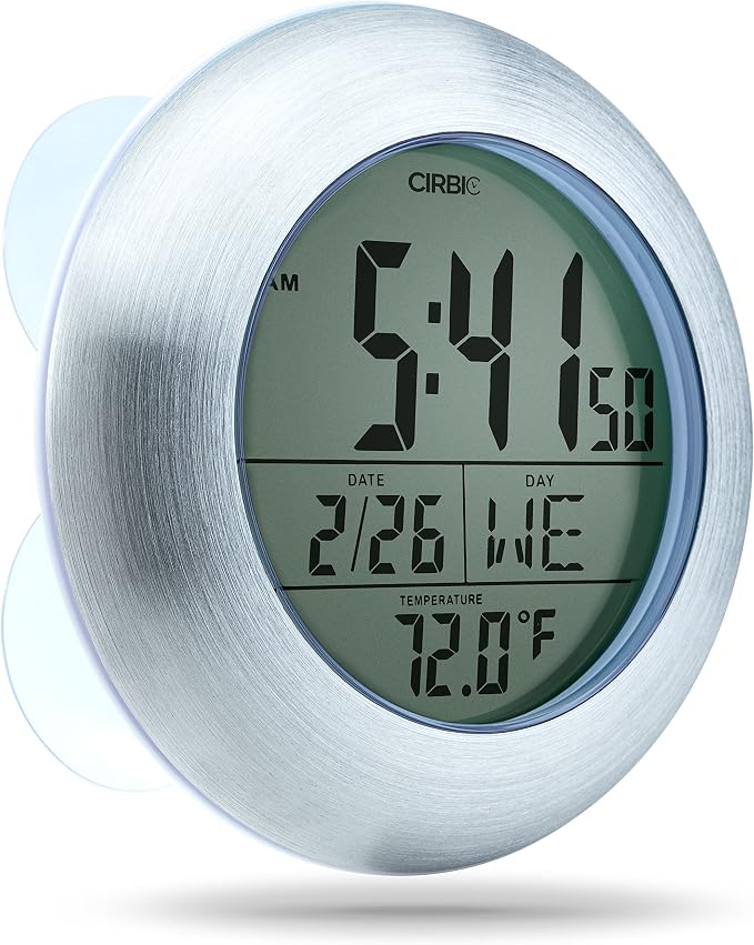 Extra Large Shower Clock with Suction Cups, Date and Temperature, Water Resistant Clock for Bathroom