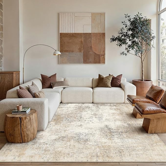 9x12 Beige Brown Modern Abstract Washable Area Rug for Living Room | Low Pile, Non Slip, Modern Abstract Style, Soft Large Area Rug for Living Room, Bedroom, Dining Room, Office, Home Decor