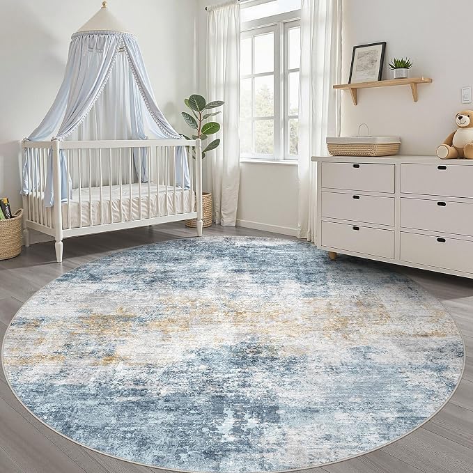 LOONGRUG Round Rug 8x8 Washable Neutral Modern Living Room Rug Blue Gold | Circle Large Abstract Soft Stain Resistant Indoor Non-Slip Carpet for Bedroom Nursery Kids Office Playroom Dining Room