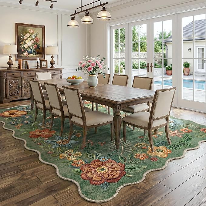 FMFUNCTEX 8x10 Washable Sage Green Boho Scalloped Area Rug for Living Room | Floral Vintage Flower Colorful Traditional Soft Distressed Non Slip Low Pile Large Indoor Carpet Dining Bedroom Nursery