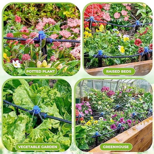 HIRALIY 50FT Drip Irrigation Kit, Garden Watering System with Quick Connectors, 6-Way Splitter, 12 Adjustable Drippers, 1/4" Tubing & 15mm Main Hose forRaised Beds, Patio, Greenhouse
