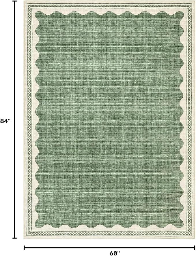 GarveeHome Scalloped Washable Rugs 5x7 Rug for Living Room, 5 x 7 Rug Solid Sage Green Modern Low-Pile Carpet for Bedroom Dining Nursery Non Slip Mat with Rubber Back