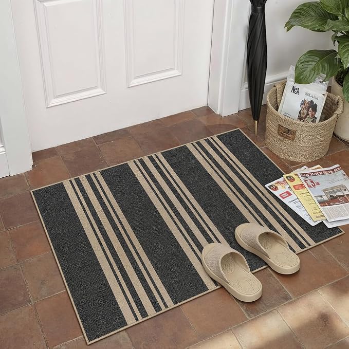 PureCozy Striped Easy Jute Rug 2x3 Black Entryway Carpet Washable Non Slip Door Mat Farmhouse Neutral Non Shedding Entry Small Indoor Outdoor Rug for Kitchen Bedroom Mudroom Bathroom