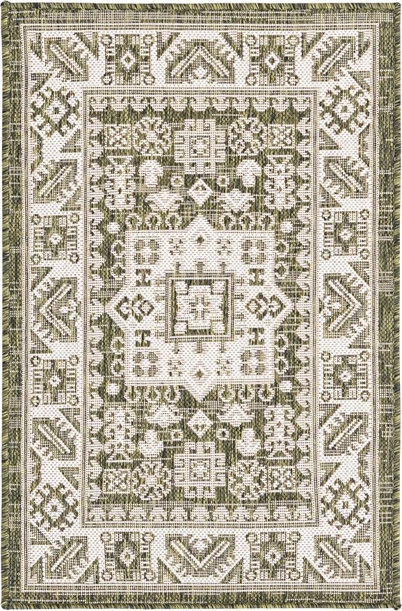 Unique Loom Outdoor Aztec Collection Area Rug - Chalca (2' 2" x 3' 1" Rectangle, Green/ Ivory)