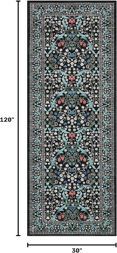 GarveeHome Floral Hallway Runner Rug Non-Slip, 2.5x10 Washable Rugs Ultra-Thin Soft Rug for Hallways, Kitchen Mat Stain Resistant Carpet for Entryway Bathroom, Black