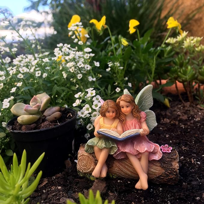PRETMANNS Fairies for Fairy Garden Accessories Outdoor Indoor Miniature Garden Figurines Hand-Painted Resin Fairy Figures Set 2 Sitting Sisters Fairy Buddies | Hand-Painted Resin Ornament Figurines, Outdoor or Indoor Miniature Garden, Adorable Design