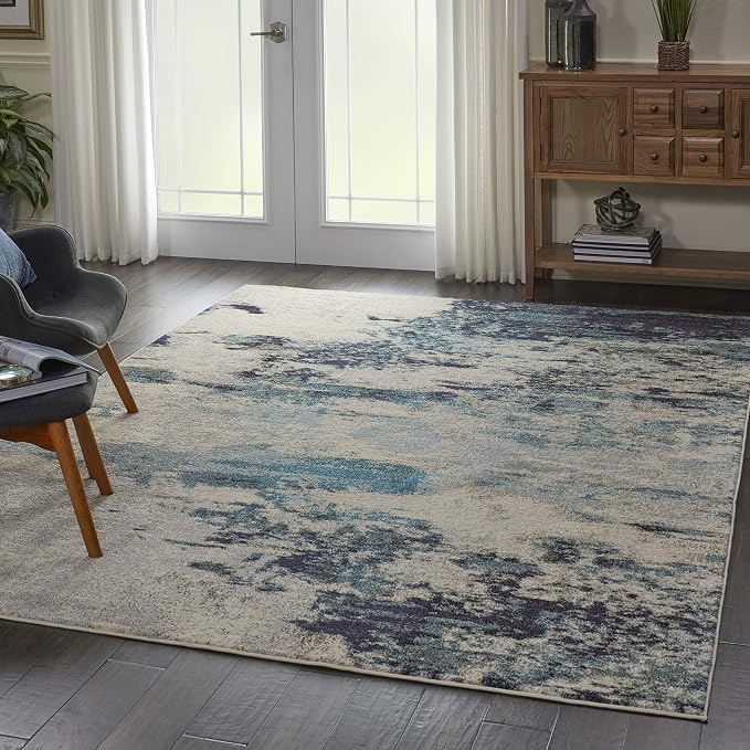 Nourison Home Celestial Ivory Teal Blue 6' x 9' Area Rug - Easy Clean, Non Shedding, Bed Room, Living Room, Dining Room, Kitchen (6' x 9')