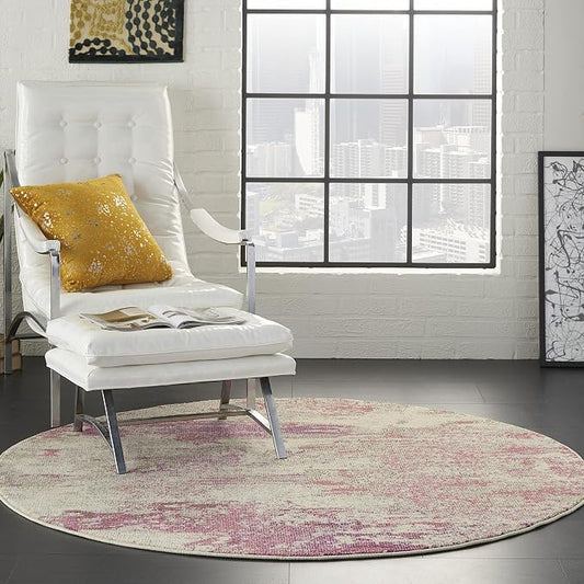 Nourison Home Celestial Modern Abstract Ivory/Pink 5'3" x Round Area -rug, Easy -cleaning, Non Shedding, Bed Room, Living Room, Dining Room, Kitchen (5 Round)