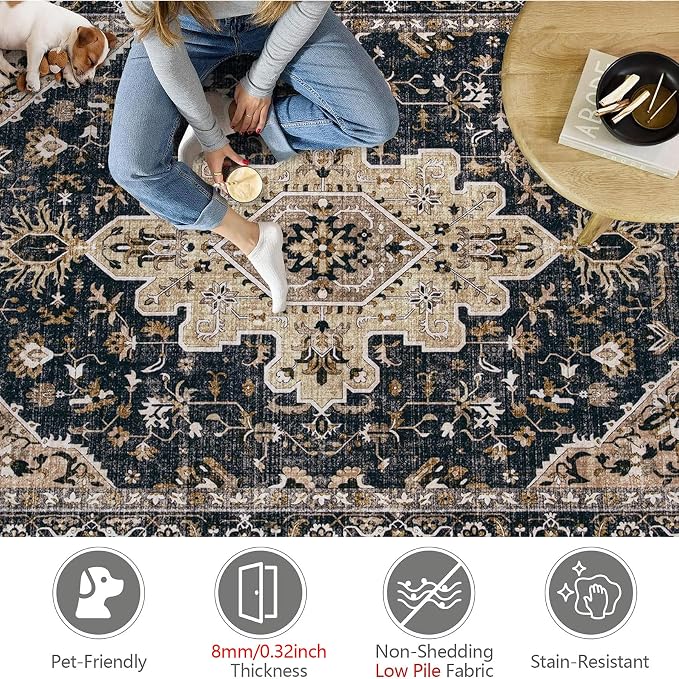 Area Rugs 5x7 Vintage Rug: Washable Living Room Rug Retro Medallion Distressed Large Soft Low Pile Non-Slip Indoor Floor Carpet for Bedroom Kitchen Nursery Dining Table Office (BeigeBlack, 5'x7')