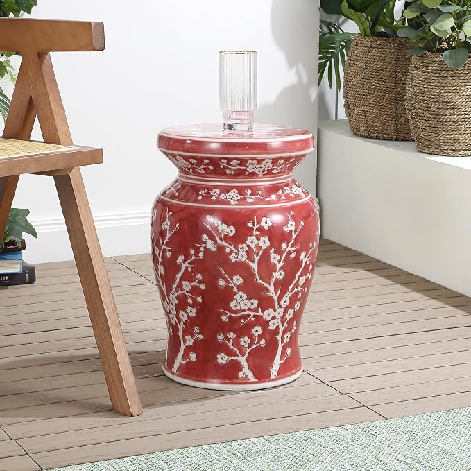 JONATHAN Y Cherry Blossom Ceramic Garden Stool 17.75" Chinoiserie Floral Drum Side Table for Patio and Living Room, Indoor Outdoor Plant Stand, Traditional, Red/White TBL1017B