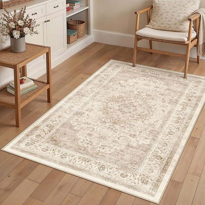 4x5 Beige Washable Area Rug Non Slip Vintage Carpet | Low Pile, Stain Resistant, Living Room, Kitchen, Bedroom, Nursery, Office, Dining Room, Hallway, Soft, Thin, Lightweight
