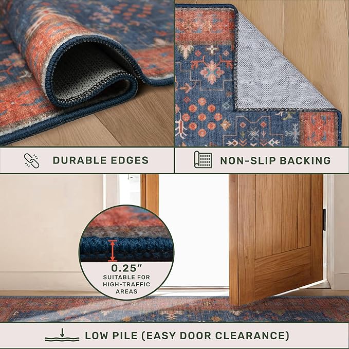 Navy Blue Runner Rug 2x6 for Kitchen, Hallway, Mudroom, Laundry Room, Bathroom, Washable Non Slip Non Skid Rubber Backing Low Pile Stain Resistance