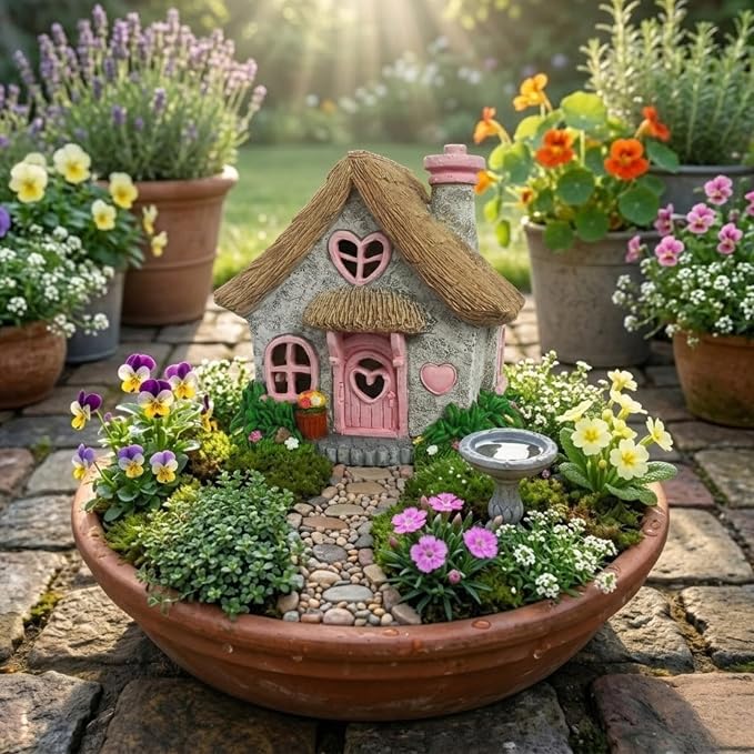 PRETMANNS Fairy House for Outside with Solar Powered LED Lights for Garden - Fairy Garden Houses for Outdoor - Miniature Accessories for Cottage Decor for Village - 7.56” High, Pink