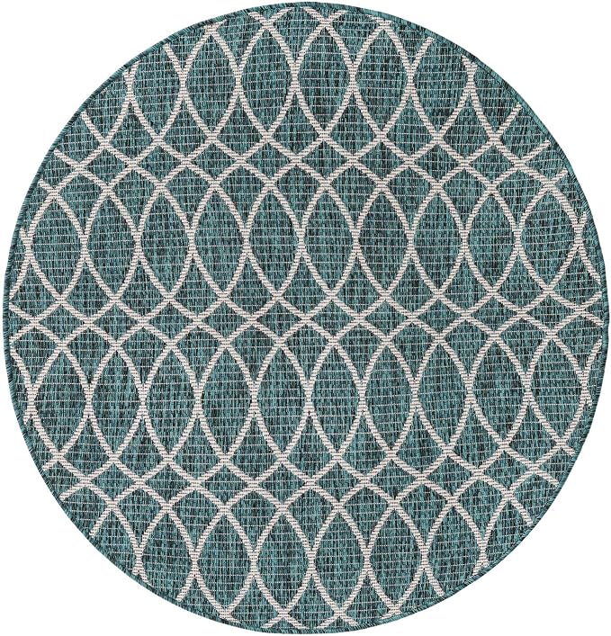 Unique Loom Outdoor Trellis Collection Area Rug - Gitter (4' 1" Round, Teal/ Ivory)