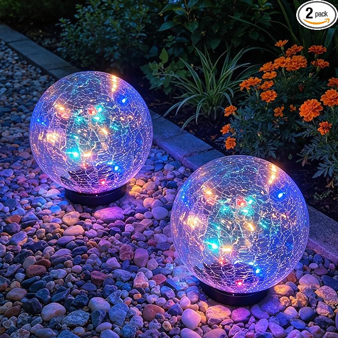 HOTEAGLE Solar Globe Lights Outdoor Waterproof-Large 2-Pack Solar Balls Lights for Outside Garden-Cracked Glass Ball Solar Lights for Garden Patio & Lawn Backyard Decor (Polychrome-Flicker, 5.9 inch)