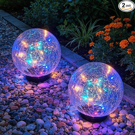 HOTEAGLE Solar Globe Lights Outdoor Waterproof-Large 2-Pack Solar Balls Lights for Outside Garden-Cracked Glass Ball Solar Lights for Garden Patio & Lawn Backyard Decor (Polychrome-Flicker, 5.9 inch)