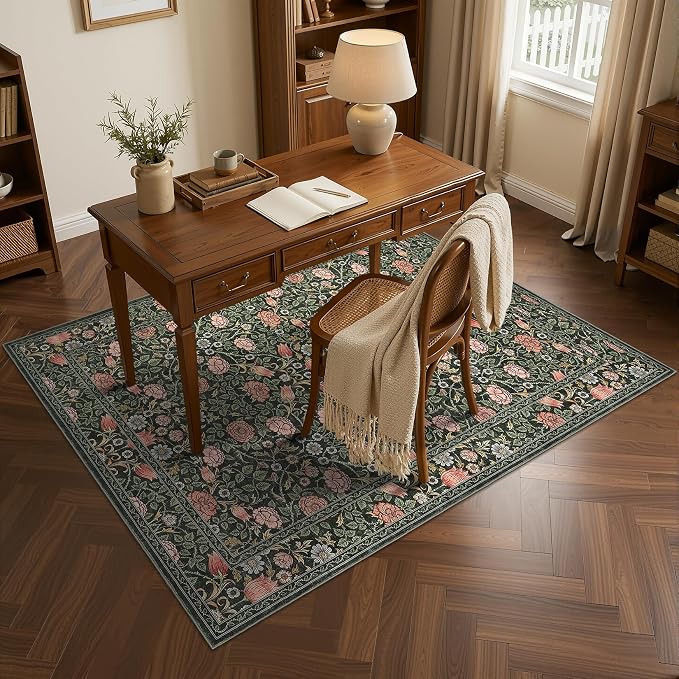 GarveeHome Dark Green Floral 3x5 Area Rug for Nursery Bedroom | Washable Dorm Rug Entryway Doormat Vintage Boho Rugs Low-Pile Non-Slip Stain Resistant TPE Backing