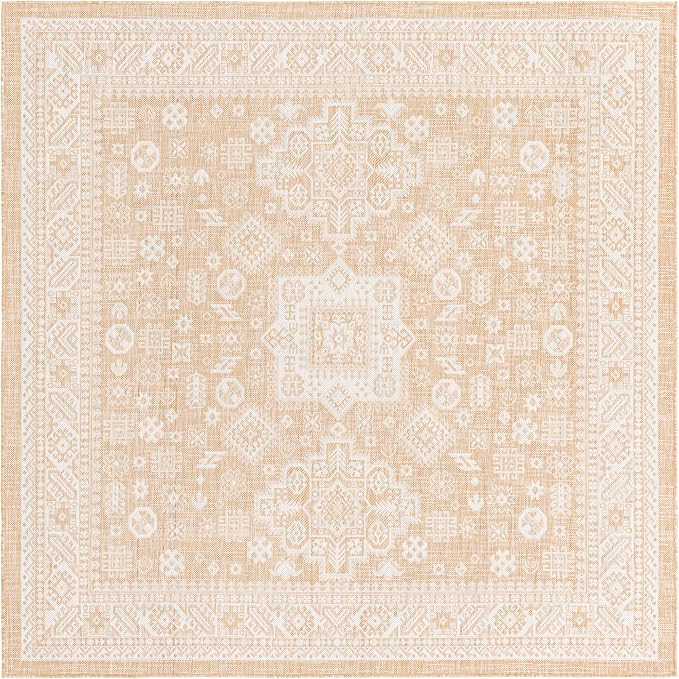 Unique Loom Outdoor Aztec Collection Area Rug - Chalca (7' 10" Square, Natural/ Ivory)