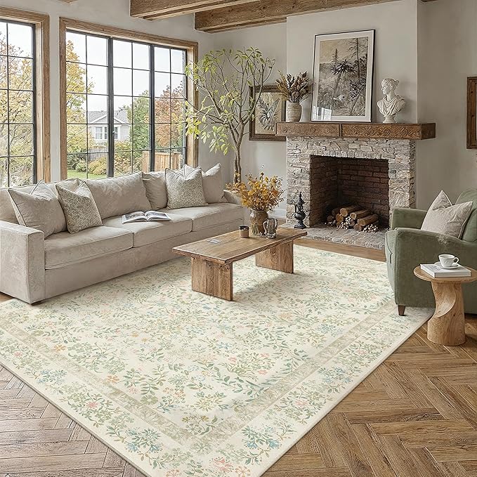 6x9 Light Green Floral Area Rug Vintage Farmhouse Style | Washable, Non Slip, Soft Low Pile, Indoor Carpet for Living Room, Bedroom, Dining Room, Botanical Decor