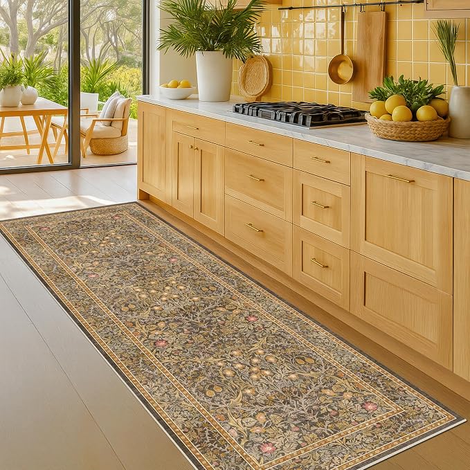 Brown 2'6" x 8' Runners for Hallways Non Slip, Extra Long Floor Runner for Kitchen, Entryway Indoor, Washable Rubber Backing Stain Resistant - Soft Boho Vintage Gold Brown Floral Décor