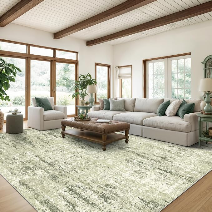 Valenrug 6x9 Area Rugs, Abstract Large Washable Rugs for Living Room, Green | Soft & Lighweight, Folable, Stain Resistant Low Pile Thin Indoor Distressed Carpet Rugs for Bedroom,Laundry Room,Kitchen