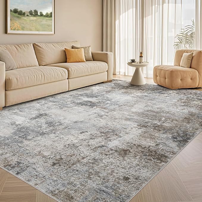 Tortania Washable 6x9 Area Rug for Living Room: Modern Abstract Neutral Large Soft Thin Rugs - Non Slip Indoor Carpet for Bedroom Dining Room Office Nursery Home Floor Decoration - Ash Taupe