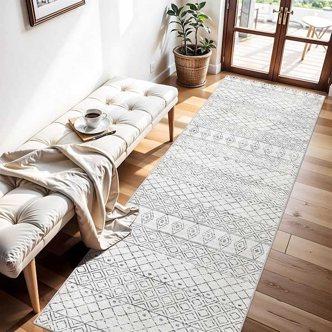 Rug Runners 2x8 for Hallway: Washable Moroccan Non Slip Rugs Geometric Grey | Kitchen Entryway Bedroom Soft Stain Resistant Easy Clean Mat for Family with Pets
