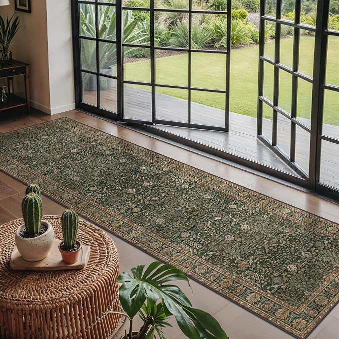 2x8 Kitchen Runner Rug, Washable Non Slip, Dark Green Brown | Vintage Floral, Spill Resistant, Lightweight Low Pile Carpet for Hallway, Bedroom, Laundry Room and Bathroom